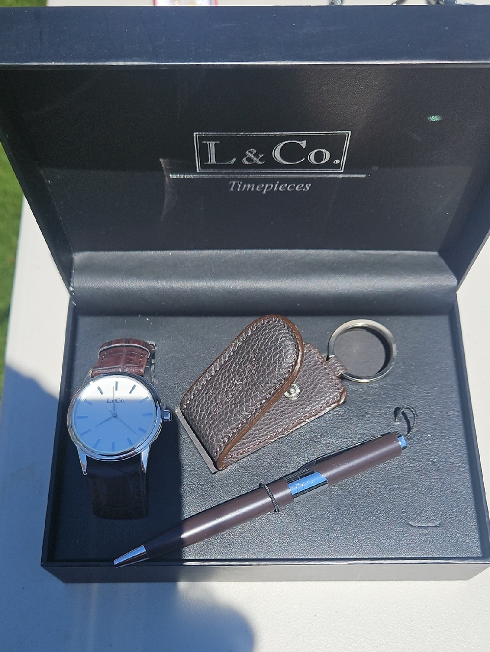 L & Co. Men's Brown Leather Strap Dress Watch with Pen & Keyring Set